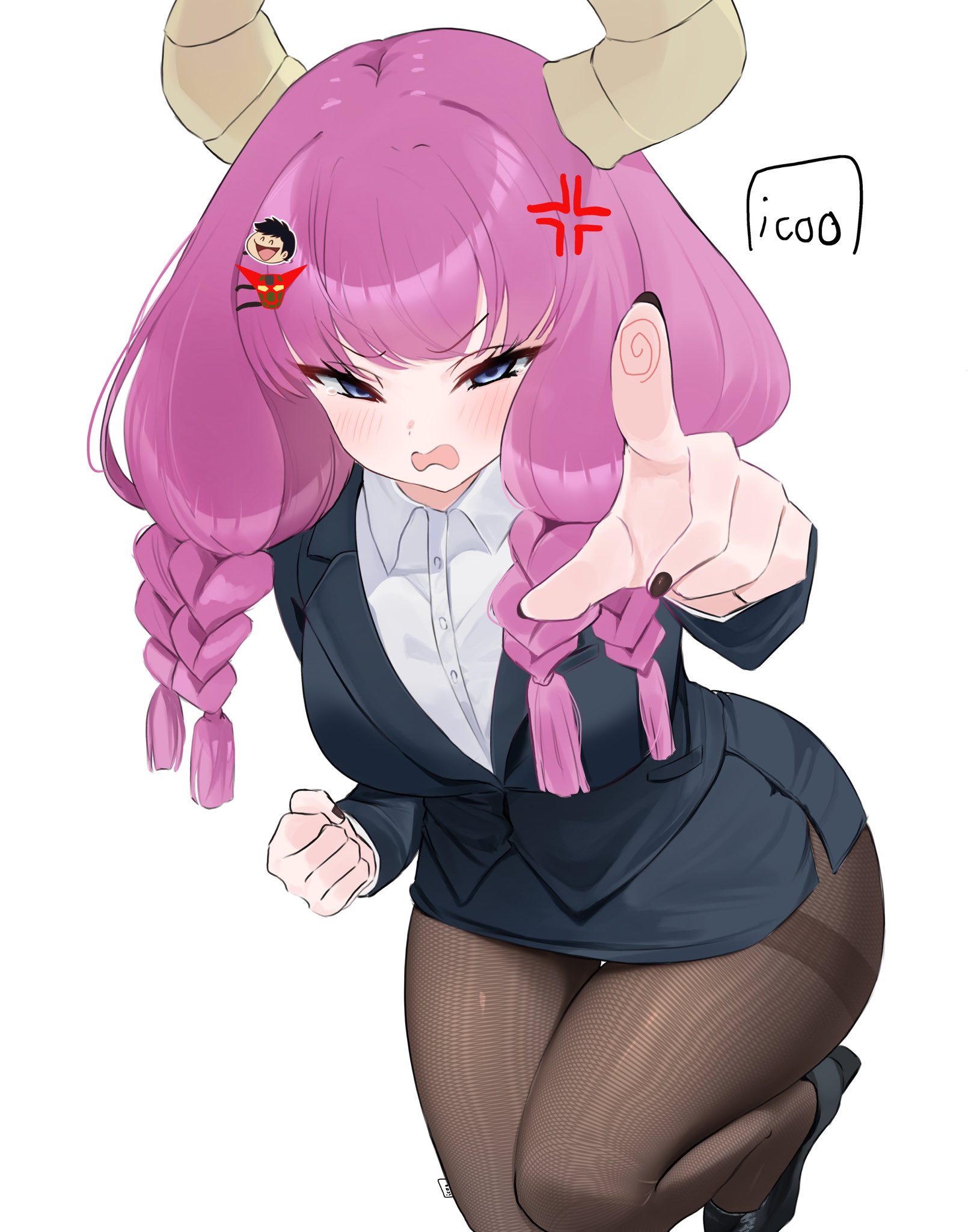 1girl alternate_costume anger_vein angry artist_name aura_(sousou_no_frieren) black_footwear black_jacket black_nails black_pantyhose black_skirt blue_eyes blush braid breasts character_hair_ornament clenched_hand collared_shirt commentary demon_girl demon_horns english_commentary fine_fabric_emphasis fingernails fingerprint getter-1 getter_robo hair_ornament high_heels highres horns icoo index_finger_raised jacket large_breasts long_fingernails long_hair long_sleeves looking_at_viewer multiple_braids nagare_ryoma nail_polish office_lady open_mouth pantyhose pencil_skirt pointing pointing_at_viewer pumps purple_hair shirt simple_background skirt solo sousou_no_frieren standing standing_on_one_leg suit_jacket tearing_up thighband_pantyhose v-shaped_eyebrows wavy_mouth white_background white_shirt