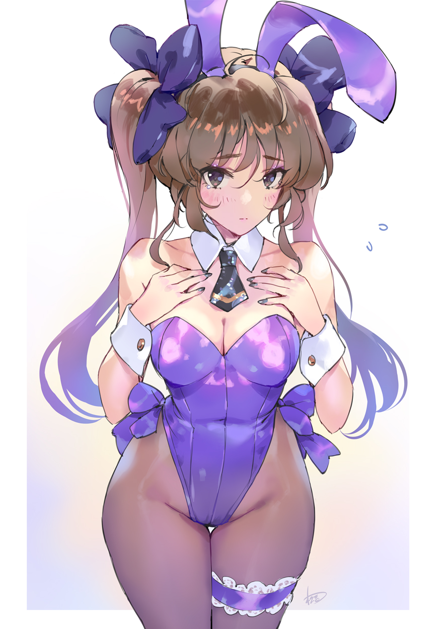 1girl animal_ears bare_shoulders black_eyes black_pantyhose blush breasts brown_hair cleavage covered_navel detached_collar fake_animal_ears flying_sweatdrops highres himekaidou_hatate leotard looking_at_viewer matsuda_(matsukichi) necktie pantyhose playboy_bunny rabbit_ears revision simple_background solo touhou twintails white_background wrist_cuffs