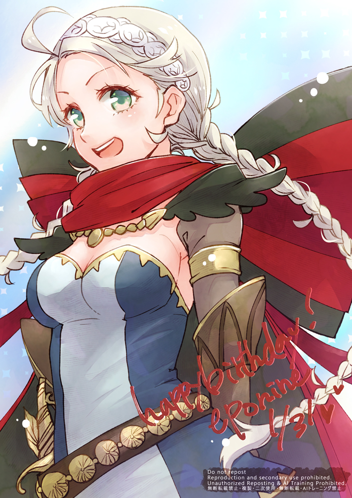 1girl armpit_peek braided_twintails breasts cleavage commentary_request dated ebi_puri_(ebi-ebi) eyelashes fire_emblem fire_emblem_fates green_eyes happy_birthday heart large_breasts long_hair low_twintails nina_(fire_emblem) nintendo open_mouth red_scarf scarf smile solo standing twintails