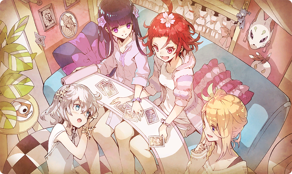 4girls ahoge blonde_hair blue_eyes collared_shirt commentary_request couch cushion finger_to_cheek flower forehead fox_mask from_above grey_hair hair_flower hair_ornament hiiragi_(shinobi_nightmare) indoors kikyou_(shinobi_nightmare) long_hair loungewear mask multiple_girls official_alternate_costume official_art on_couch open_mouth oversized_clothes oversized_shirt photo_(object) purple_shirt red_eyes red_hair sakura_(shinobi_nightmare) scroll shinobi_nightmare shirt shorts shuriken side_ponytail sitting ta_ga_tame_no_alchemist third-party_source weapon white_shirt yuri_(shinobi_nightmare)