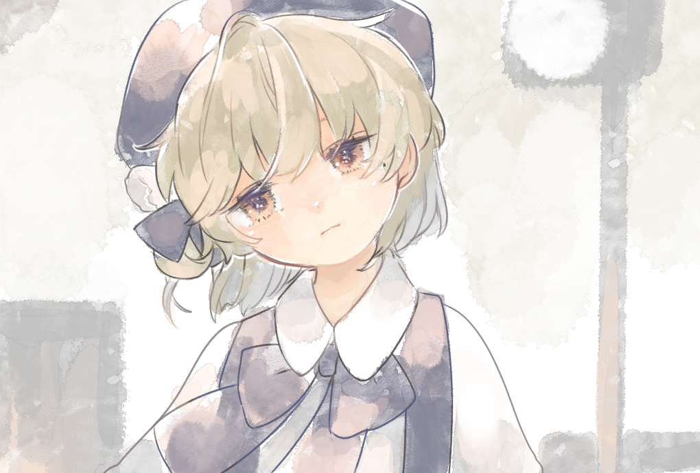 1girl 58_(scbaby) bow closed_mouth collarbone expressionless grey_bow grey_hat hat hatoba_tsugu head_tilt looking_at_viewer outdoors shirt short_hair solo suspenders traffic_light tsugu_(vtuber) virtual_youtuber white_shirt