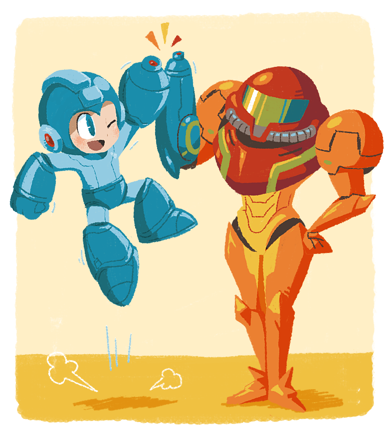 1boy 1girl arm_cannon armor capcom crossover hakusoto helmet mega_man_(character) mega_man_(classic) mega_man_(series) metroid nintendo power_suit_(metroid) samus_aran varia_suit weapon