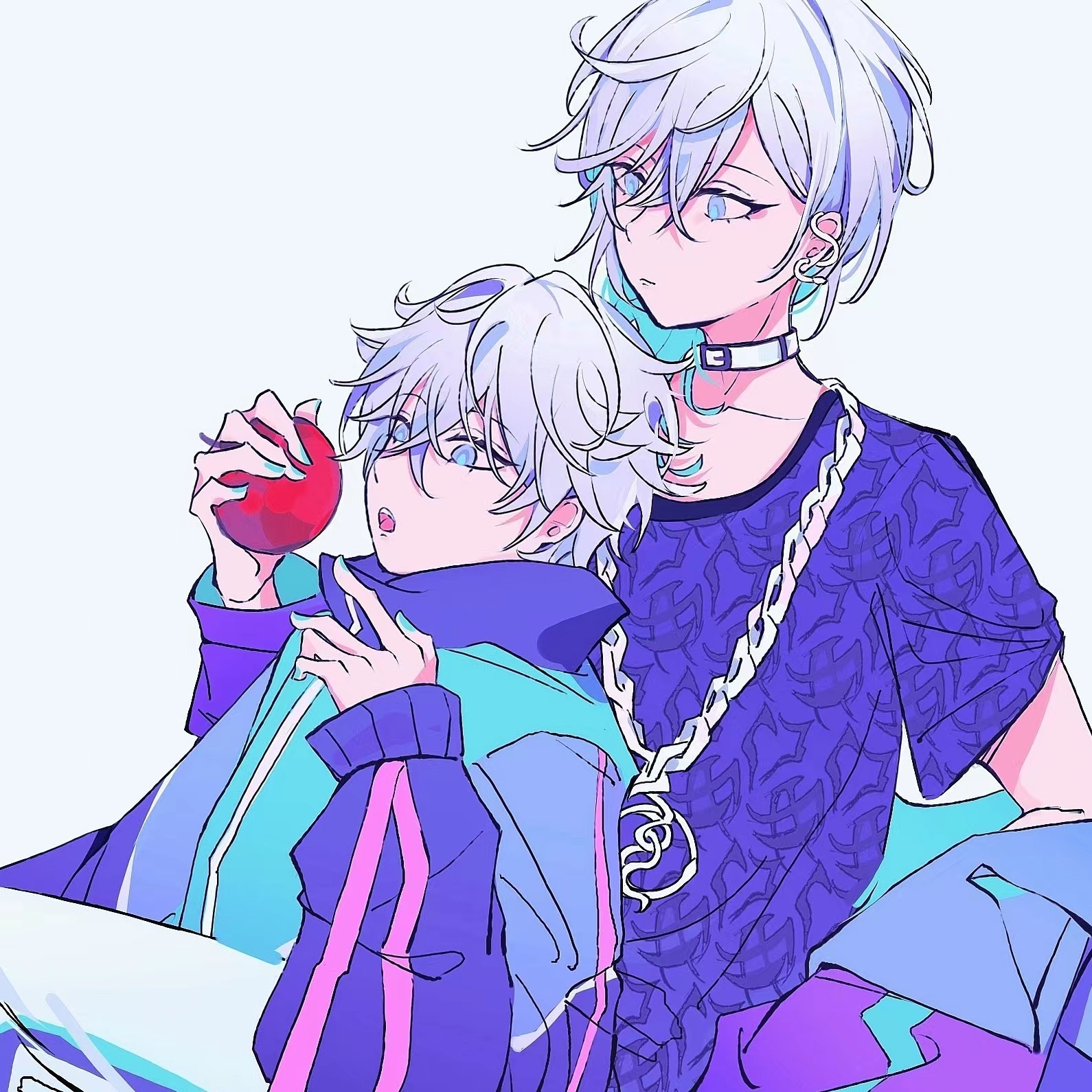 2boys apple aqua_hair brothers closed_mouth cozmez_(paradox_live) food fruit grey_background highres holding holding_food holding_fruit leaning_back leaning_on_person male_focus multicolored_hair multiple_boys open_mouth paradox_live phantometal_(paradox_live) purple_eyes purple_hair apple short_hair siblings simple_background teeth twins uni_yururururu yatonokami_kanata yatonokami_nayuta
