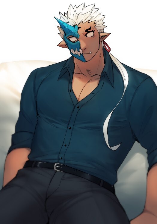 1boy bara belt black_belt black_pants blue_shirt blush bulge dark-skinned_male dark_skin fang half_mask head_tilt horned_mask horns hozu_(hozumi) large_pectorals leather_belt looking_at_viewer male_focus mask monster_boy muscular muscular_male no_pupils oni_mask pants partially_unbuttoned pectoral_cleavage pectorals pointy_ears ponytail shirt shuten_douji_(housamo) sideburns single_horn sitting solo thick_thighs thighs tokyo_houkago_summoners white_hair