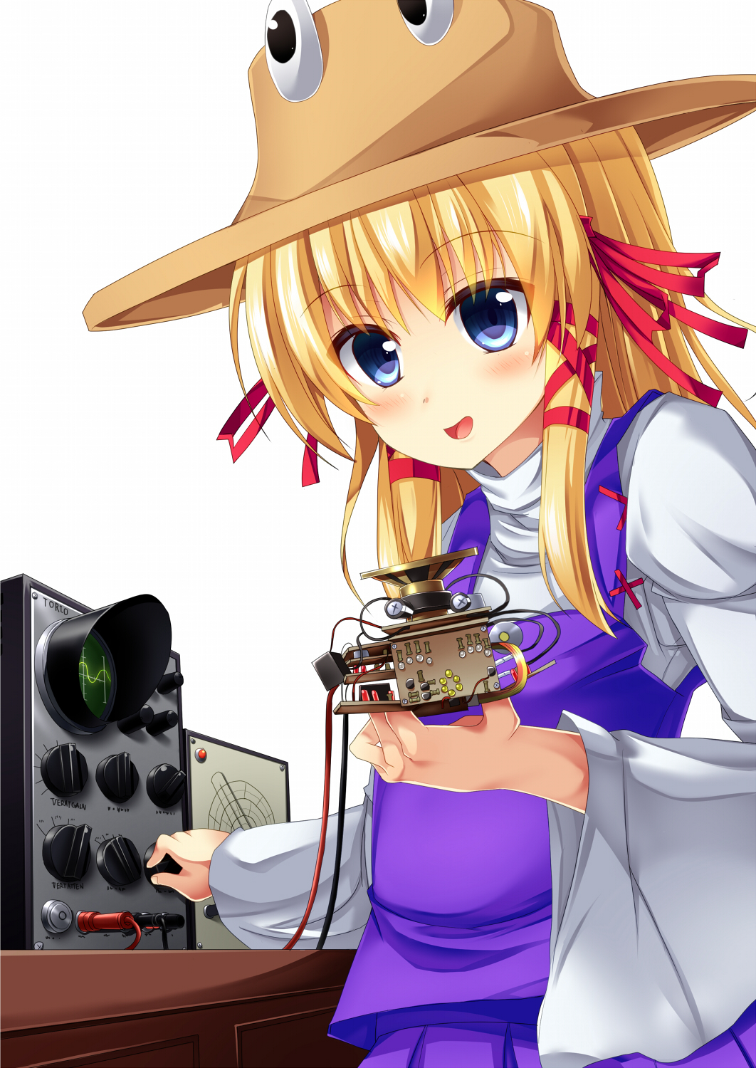 1girl blonde_hair blue_eyes blush brown_hat circuit commentary_request cookie_(touhou) hair_ribbon hat highres kaibara_elena_(cookie) long_hair long_sleeves looking_at_viewer moriya_suwako open_mouth oscilloscope purple_skirt purple_vest red_ribbon ribbon shirt skirt skirt_set smile solo szk touhou turtleneck upper_body vest white_background white_shirt wide_sleeves wire