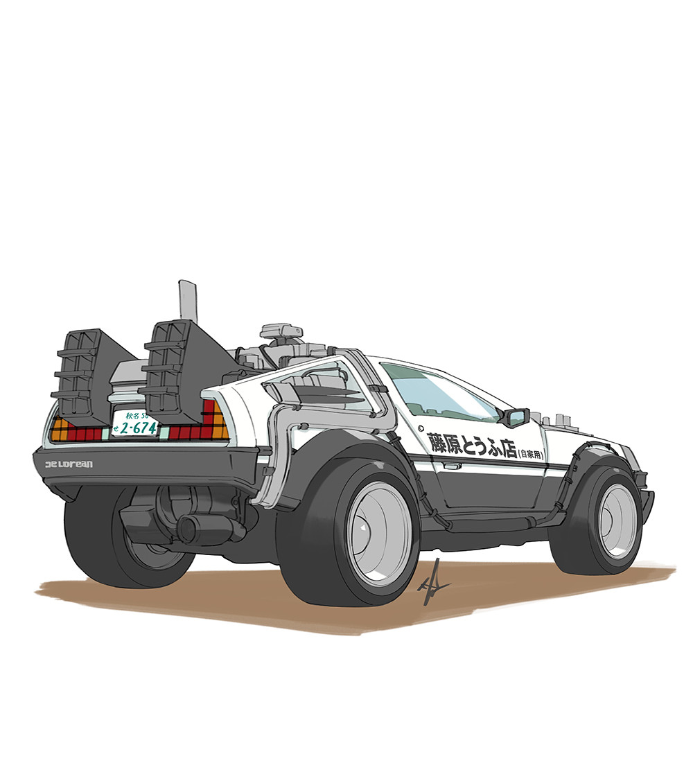 back_to_the_future car delorean from_behind fujiwara_takumi&#039;s_toyota_trueno_ae86 fusion initial_d kim_haryung license_plate motor_vehicle no_humans shadow signature vehicle_focus white_background