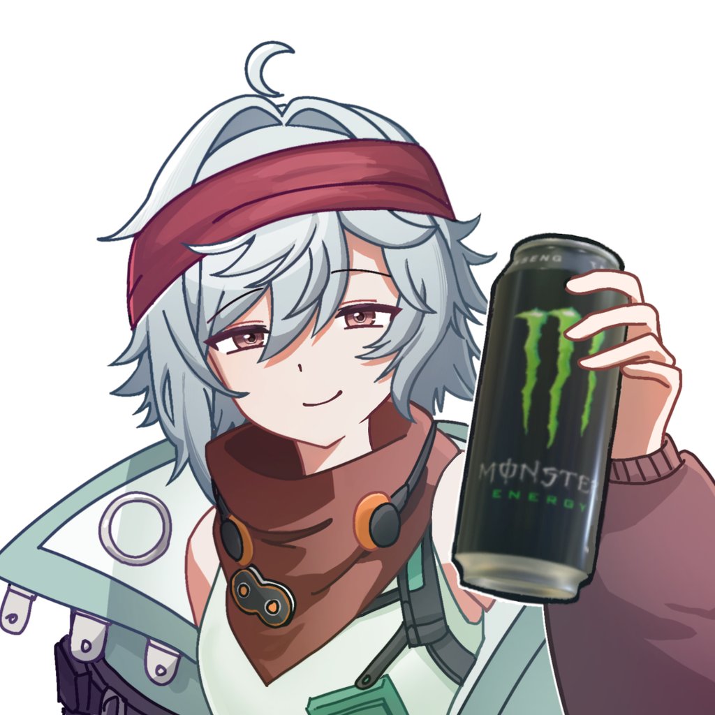 1girl ahoge bandana brown_eyes can commentary energy_drink g11_(girls&#039;_frontline) girls&#039;_frontline girls&#039;_frontline_2:_exilium green_jacket grey_hair hair_between_eyes holding holding_can jacket k3_uddo019 looking_at_viewer mechty_(girls&#039;_frontline_2) monster_energy open_clothes open_jacket red_bandana short_hair simple_background smile solo symbol-only_commentary upper_body white_background