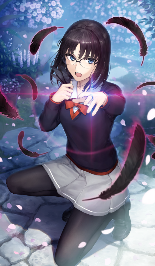 1girl black_feathers black_hair black_pantyhose black_shoes black_sweater blue_eyes blurry blurry_background bow bowtie breasts collared_shirt commentary diffraction_spikes falling_feathers fate/grand_order fate/prototype fate_(series) feathers flower flower_request full_body garden glasses glowing grey_skirt holding holding_feather jewelry kneeling kouzuki_kei long_sleeves looking_at_viewer magic medium_hair miniskirt nature official_art open_mouth outdoors pantyhose parted_bangs petals pink_flower pleated_skirt red_bow red_bowtie ring round_eyewear sajou_ayaka_(fate/prototype) shirt shoes skirt small_breasts solo sweater teeth third-party_source upper_teeth_only v-neck white_shirt wing_collar