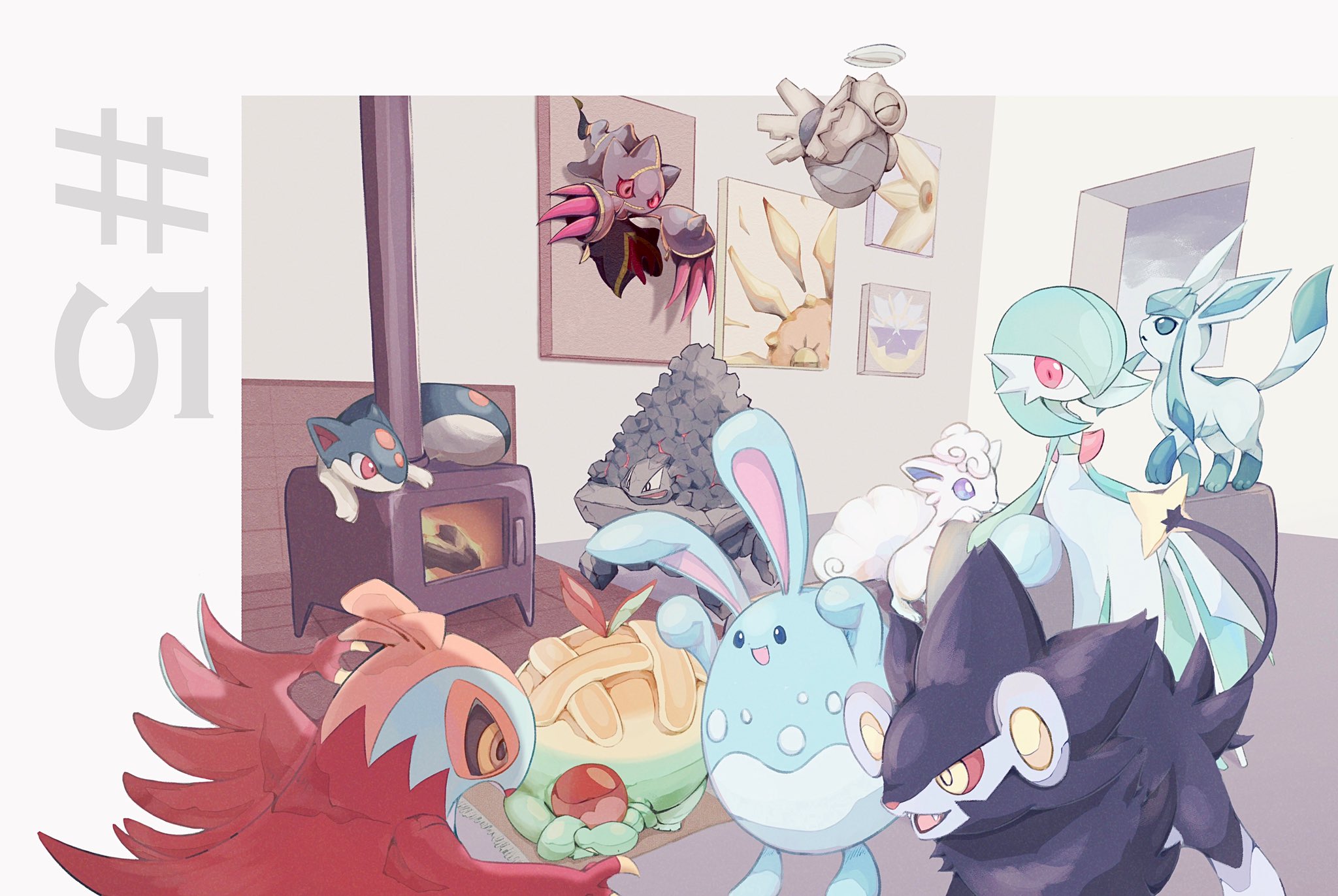 :d alolan_form alolan_vulpix appletun azumarill banette black_eyes black_fur black_sclera blue_eyes blue_skin bright_pupils carkol claws colored_sclera colored_skin commentary_request fireblast floating furnace gardevoir gen_2_pokemon gen_3_pokemon gen_4_pokemon gen_6_pokemon gen_7_pokemon gen_8_pokemon glaceon green_hair hawlucha highres indoors lunatone luxray mega_banette mega_pokemon nintendo no_humans open_mouth painting_(object) pokemon pokemon_(creature) quilava red_eyes red_sclera shedinja smile solrock tail white_pupils white_skin window wings yellow_eyes