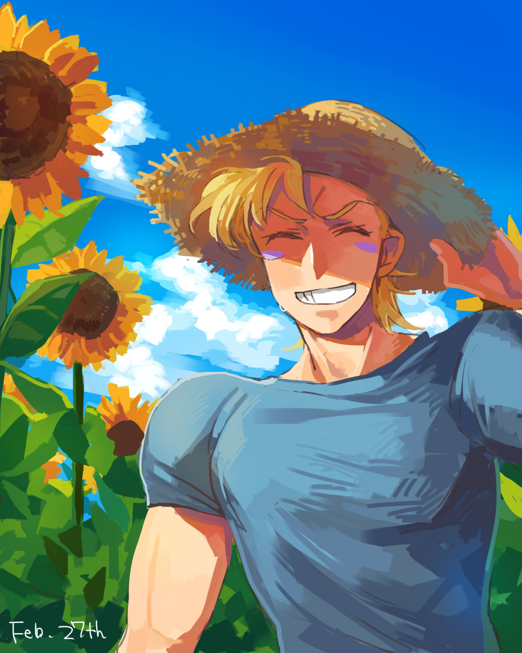 1boy blonde_hair caesar_anthonio_zeppeli facial_mark flower hat highres jojo_no_kimyou_na_bouken male_focus solo straw_hat sun_hat sunabu sunflower