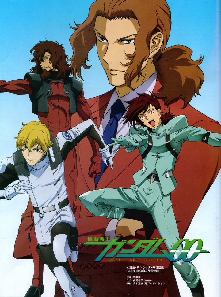 00s 4boys alejandro_corner ali_al-saachez blonde_hair brown_hair graham_aker gundam gundam_00 male_focus multiple_boys necktie open_mouth patrick_colasour ponytail