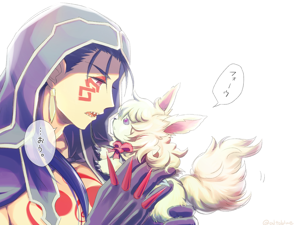 1boy blue_hair chest_tattoo commentary_request cu_chulainn_(fate) cu_chulainn_alter_(fate) earrings facial_tattoo fate/grand_order fate_(series) fou_(fate) hisohiso_(altoblue) holding hood hood_up jewelry male_focus red_eyes spiked_knuckles tattoo translation_request twitter_username