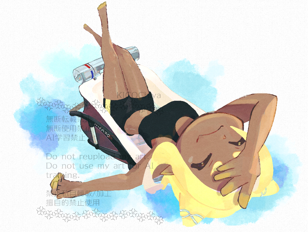 1girl ^_^ bike_shorts black_shorts bloblobber_(splatoon) blonde_hair closed_eyes closed_mouth colored_extremities commentary_request crop_top crossed_legs dark-skinned_female dark_skin kicochiya medium_hair nintendo octoling octoling_girl octoling_player_character shorts sitting smile solo splatoon_(series) splatoon_3 tentacle_hair watermark weapon white_background