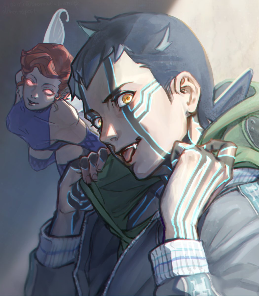 1boy 1girl black_hair brown_hair collarbone demi-fiend demon fairy fairy_wings fangs flying glowing glowing_eyes green_hoodie grey_jacket highres holding_hoodie hood hoodie horns jacket leotard looking_at_viewer mini_person minigirl pink_eyes pixie_(megami_tensei) shin_megami_tensei shin_megami_tensei_iii:_nocturne short_hair single_horn tattoo thighhighs tongue tongue_out tori_(bromaticbrotrap) upper_body wings yellow_eyes