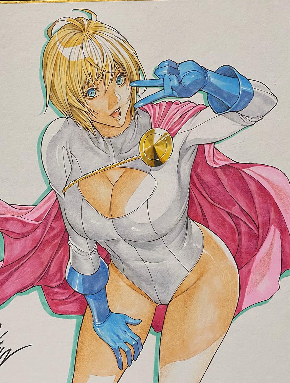 1girl blonde_hair blue_eyes breasts cape cleavage cleavage_cutout clothing_cutout dc_comics gloves highleg highleg_leotard highres homare_(fool&#039;s_art) large_breasts leotard open_mouth power_girl short_hair solo