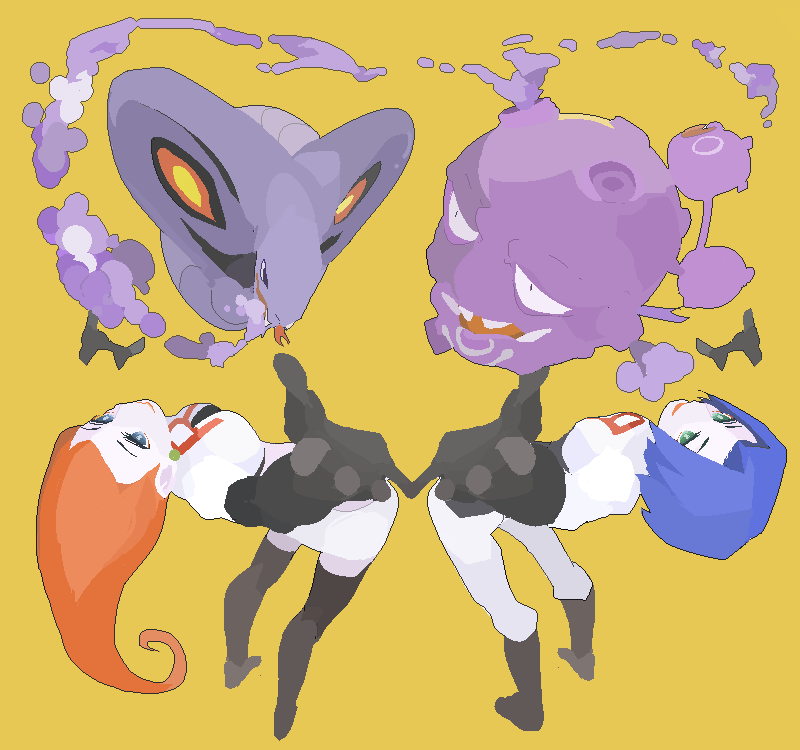 1boy 1girl arbok arms_up black_footwear black_gloves blue_eyes blue_hair boots cobra_(animal) colored_skin commentary_request game_freak gen_1_pokemon gloves green_eyes james_(pokemon) jessie_(pokemon) leaning_back long_hair nintendo open_mouth orange_background pants parted_bangs poison pokemon pokemon_(anime) pokemon_(creature) purple_skin red_hair sentakki shirt simple_background skirt snake teeth tongue tongue_out weezing white_pants white_shirt white_skirt