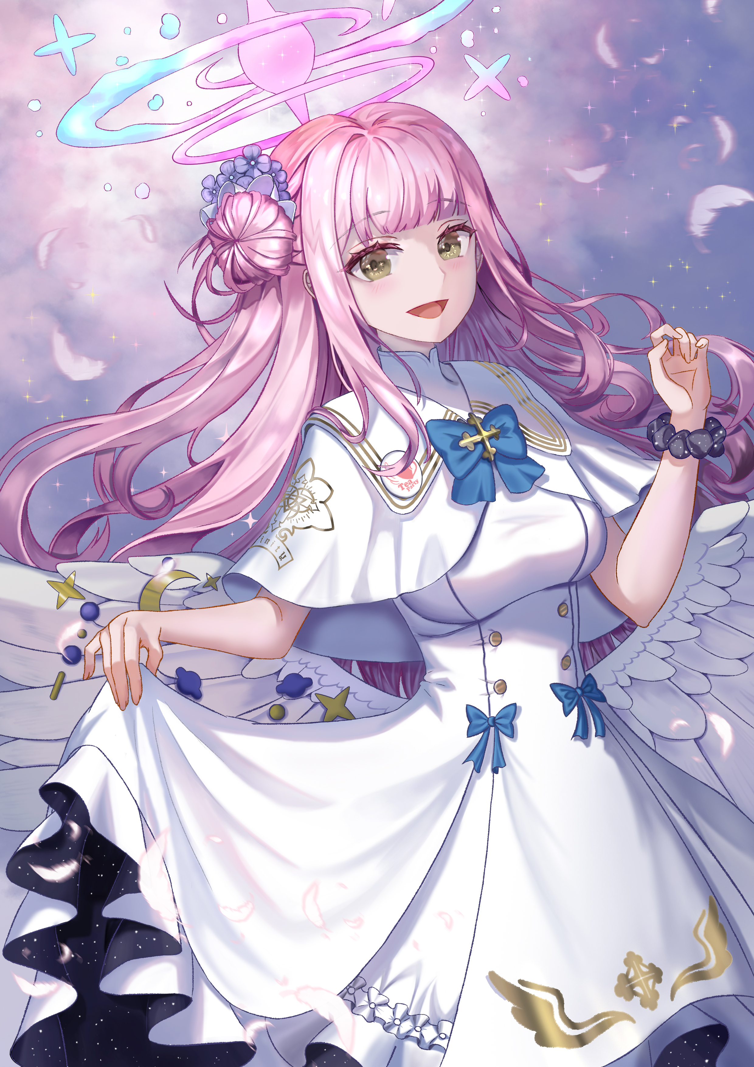 1girl absurdres blonde_hair blue_archive blue_bow blunt_bangs blush bow breasts cafeiner commentary dated_commentary dress falling_feathers feathered_wings feathers fingernails frilled_wristband hair_bun halo hand_up highres long_hair looking_at_viewer low_wings medium_breasts mika_(blue_archive) open_mouth pink_hair pink_halo skirt_hold solo three_quarter_view upper_body very_long_hair white_dress white_wings wings wristband