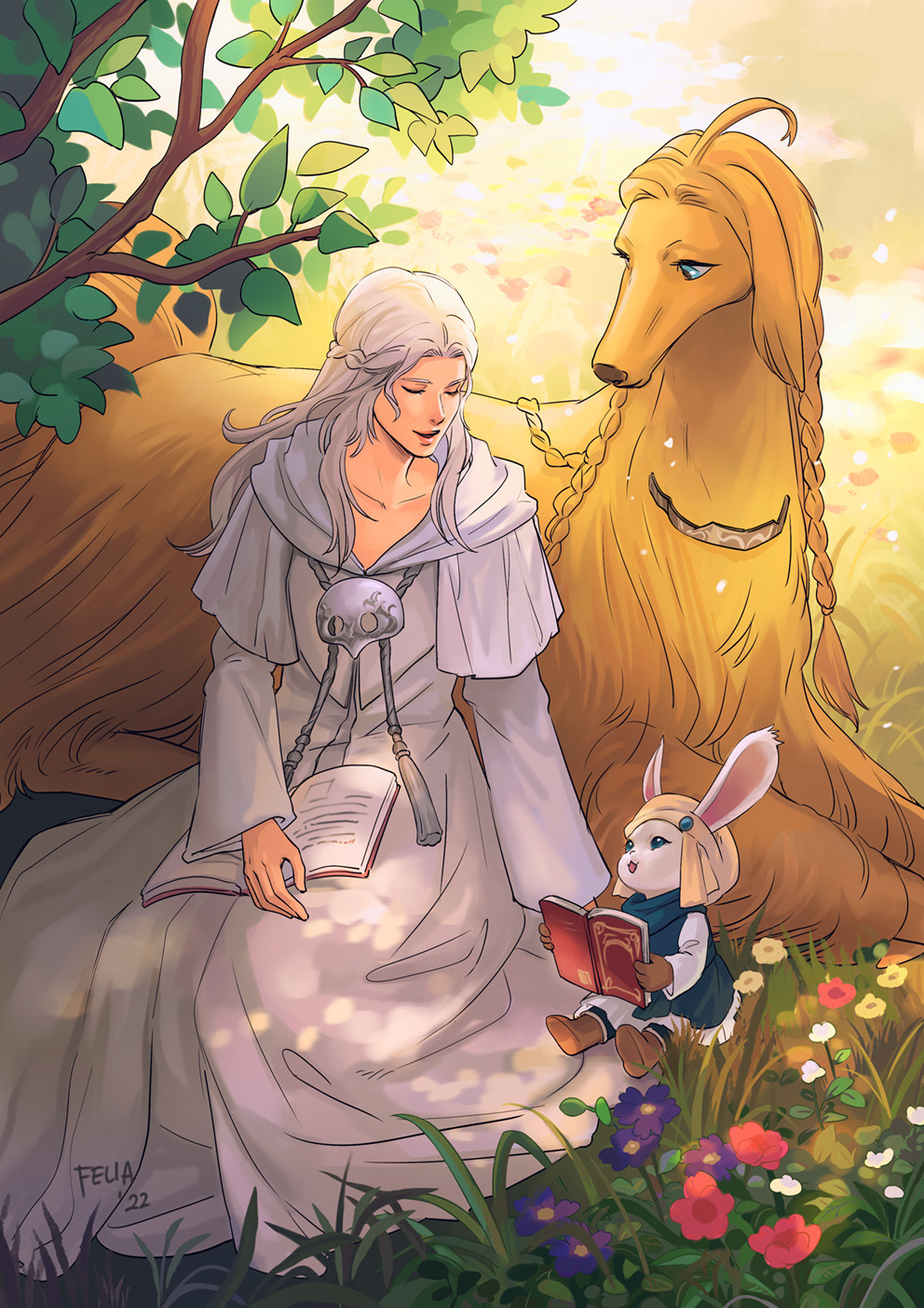 1girl 1other afghan_hound animal_ears ankle_boots argos_(ff14) blue_eyes book book_on_lap boots braid branch brown_footwear brown_gloves capelet closed_eyes collarbone commentary dappled_sunlight day dog drawstring english_commentary felia_hanakata final_fantasy final_fantasy_xiv flower from_above full_body gloves grass grey_hair half_up_braid half_updo highres holding holding_book hood hood_down hooded_capelet leaf long_hair long_sleeves loporrit mask mask_around_neck on_grass open_book open_mouth outdoors rabbit_ears robe signature single_braid sitting smile sophist&#039;s_robe_(ff14) sunlight tassel turban unworn_mask venat_(ff14) white_capelet white_robe white_turban