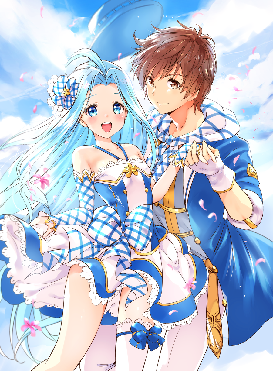 1boy 1girl ahoge akina_tsukako blue_hair blue_sky breasts brown_eyes brown_hair cloud day dress fingerless_gloves flower gloves gold_trim gran_(granblue_fantasy) granblue_fantasy hair_flower hair_ornament holding_hands hetero highres kimi_to_boku_no_mirai long_hair looking_at_viewer lyria_(granblue_fantasy) outdoors single_thighhigh sky sleeveless sleeveless_dress small_breasts smile thighhighs very_long_hair white_gloves
