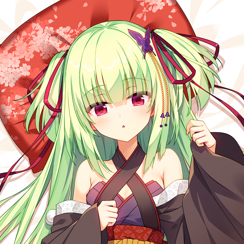 1girl :o armpit_crease bare_shoulders bed_sheet black_kimono blunt_bangs blunt_ends blush breasts butterfly_hair_ornament cirnos cleavage commentary_request criss-cross_halter dakimakura_(medium) eyes_visible_through_hair floral_print green_hair hair_ornament hair_ribbon hair_spread_out halterneck hand_up head_on_pillow hime_cut japanese_clothes kimono long_hair long_ribbon long_sleeves looking_at_viewer lying murasame_(senren) on_back open_mouth petite pillow pom_pom_(clothes) print_pillow red_eyes red_ribbon red_sash ribbon sash senren_banka small_breasts solo straight_hair tsurime two_side_up upper_body wide_sleeves