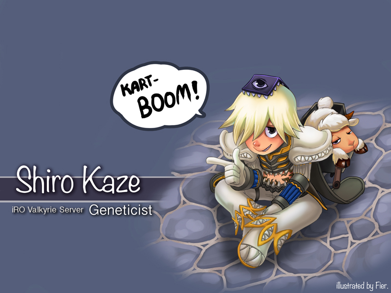 1boy amistr_(ragnarok_online) armor black_eyes blonde_hair book book_on_head breastplate character_name cobblestone commentary english_commentary english_text finger_gun full_body genetic_(ragnarok_online) gloves grin hair_between_eyes hair_over_one_eye long_bangs looking_at_viewer male_focus midriff object_on_head pants pauldrons pullcart ragnarok_online rideword_(ragnarok_online) sheep shoes short_hair shoulder_armor smile solo warlockfier white_gloves white_pants white_shoes