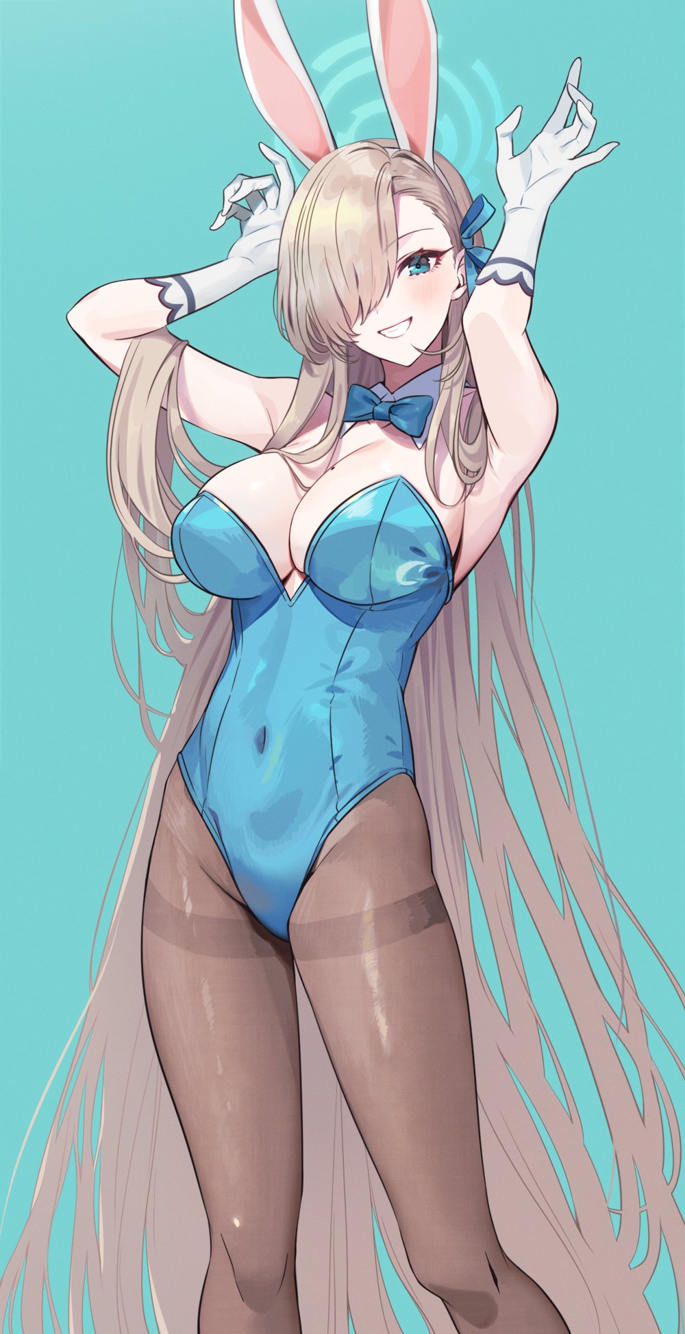 1girl animal_ears aqua_background armpits arms_up asuna_(blue_archive) asuna_(bunny)_(blue_archive) blue_archive blue_bow blue_bowtie blue_eyes blue_leotard bow bowtie breasts brown_pantyhose cleavage covered_navel detached_collar fake_animal_ears feet_out_of_frame gloves grin hair_over_one_eye hair_ribbon highleg highleg_leotard highres large_breasts leotard light_brown_hair long_hair looking_at_viewer mole mole_on_breast one_eye_covered pantyhose playboy_bunny rabbit_ears ribbon smile solo strapless strapless_leotard thighband_pantyhose traditional_bowtie very_long_hair white_gloves yuura