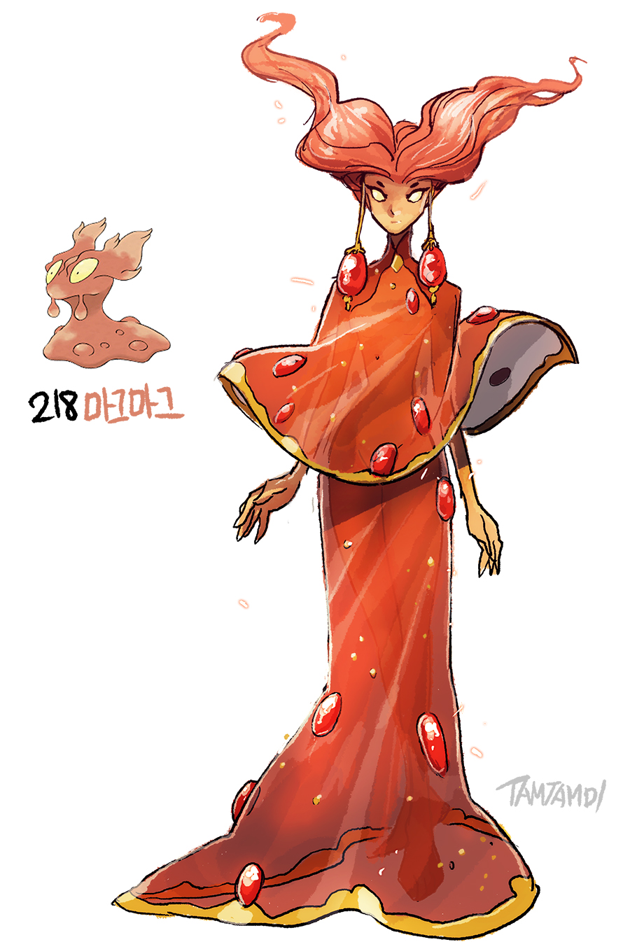 1girl arms_at_sides closed_mouth commentary dress expressionless gen_2_pokemon highres long_dress nintendo no_pupils personification pokemon pokemon_(creature) red_dress red_hair reference_inset see-through_clothes see-through_dress simple_background slugma standing tamtamdi translated white_background white_eyes