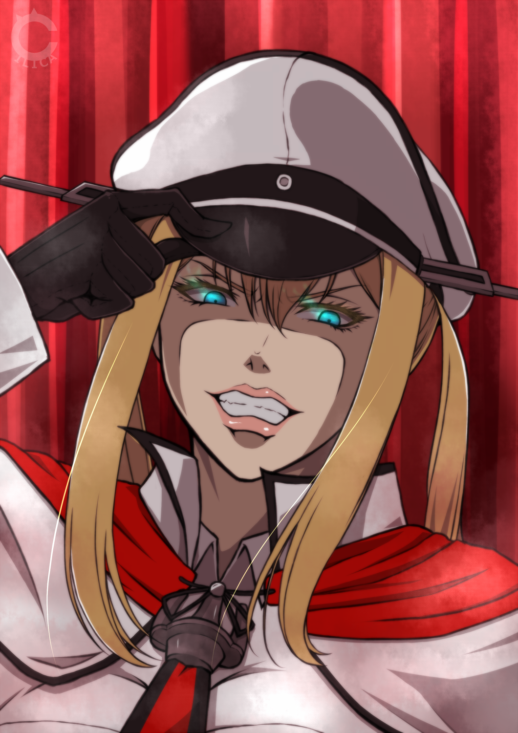 1girl adjusting_clothes adjusting_headwear black_gloves blonde_hair blue_eyes cilica evil_grin evil_smile female_focus flaming_eyes gloves glowing graf_zeppelin_(kancolle) grin hair_between_eyes hat highres jojo_no_kimyou_na_bouken kantai_collection military military_uniform parody portrait red_background rudolph_von_stroheim smile solo watermark