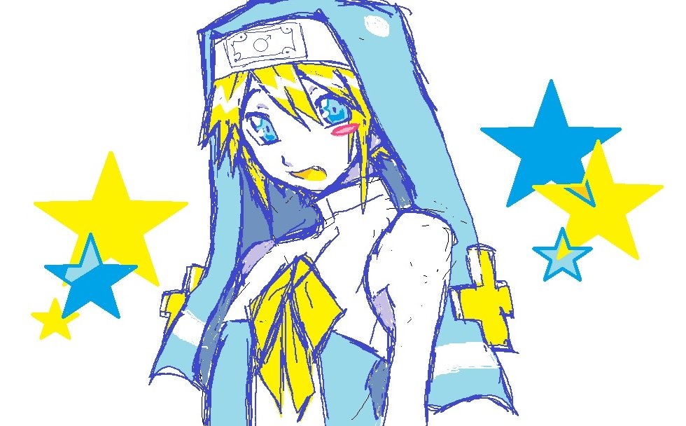 1boy :d bare_shoulders blonde_hair blue_eyes bridget_(guilty_gear) collarbone crossdressing crossdressing_(mtf) guilty_gear looking_at_viewer male_focus mars_symbol microsoft_paint_(medium) open_mouth ramchocolethal smile solo star_(symbol) star_symbol_background third-party_edit trap veil white_background