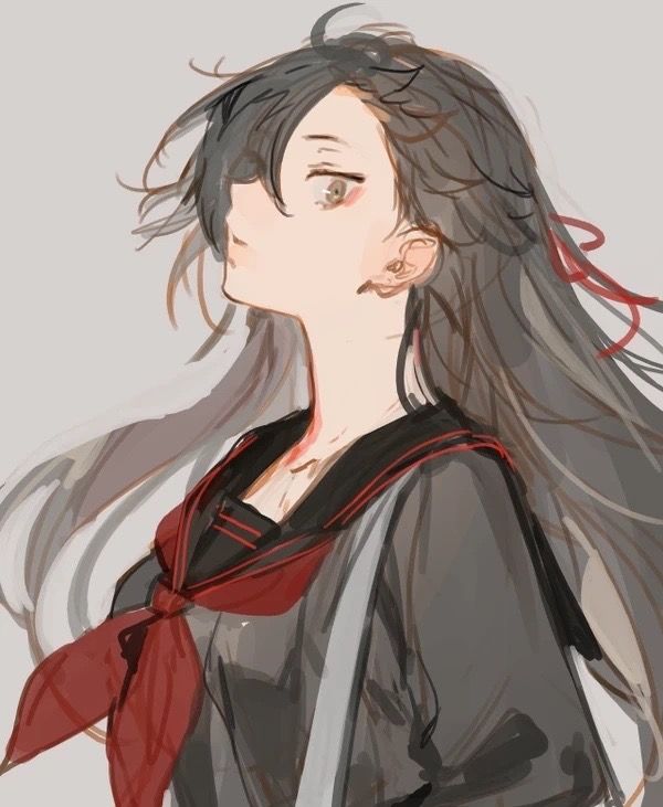 1boy black_hair brown_eyes crossdressing crossdressing_(mtf) hair_over_one_eye kuzuvine looking_at_viewer natsuki_subaru natsumi_schwarz non-web_source re:zero_kara_hajimeru_isekai_seikatsu school_uniform sketch solo source_request trap