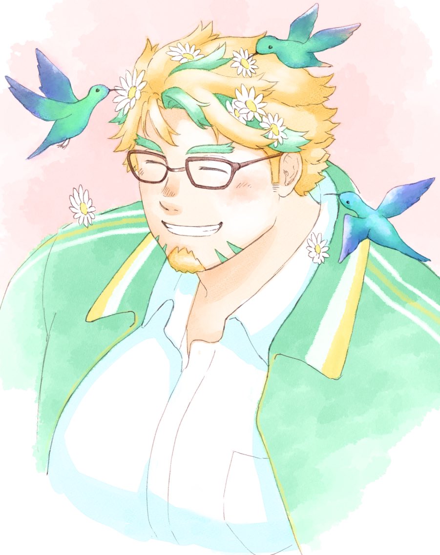 1boy bara bird closed_eyes facial_hair flower glasses goatee green_jacket grin hair_flower hair_ornament happy hippolytus_(housamo) hummingbird jacket male_focus orange_hair pink_background shirt short_hair smile solo tokyo_houkago_summoners unplugged_line white_flower white_shirt