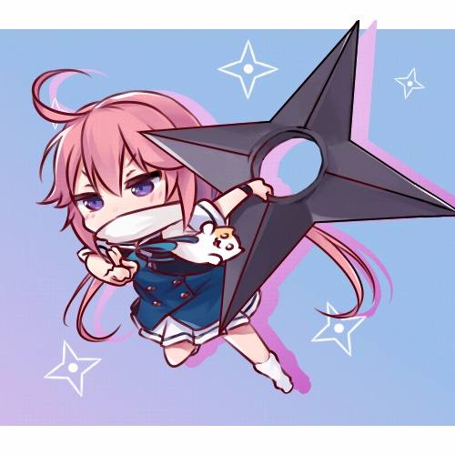 1girl ahoge blue_background blue_jacket blush_stickers chibi covered_mouth drop_shadow fighting_stance full_body fuuma_shuriken grisaia_(series) grisaia_phantom_trigger holding holding_shuriken holding_weapon icexfire3 ikoma_murasaki jacket long_hair looking_afar low_twintails lowres miniskirt ninja pink_hair pleated_skirt purple_eyes scarf school_uniform short_sleeves shuriken simple_background skirt solo twintails v-shaped_eyebrows weapon white_scarf white_skirt