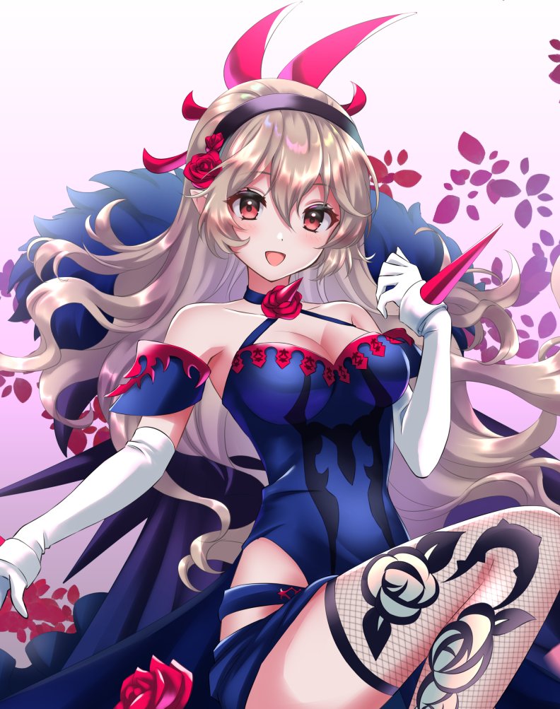 1girl bare_shoulders blue_dress breasts brooch cleavage commission corrin_(fire_emblem) cosplay dress fire_emblem fire_emblem_engage fire_emblem_fates fishnet_thighhighs fishnets floral_print flower flower_brooch gloves hair_flower hair_ornament hairband ivy_(fire_emblem) ivy_(fire_emblem)_(cosplay) kakiko210 long_hair looking_at_viewer medium_breasts nintendo open_mouth petals pointy_ears red_eyes rose rose_petals skeb_commission smile solo thighhighs white_gloves white_hair