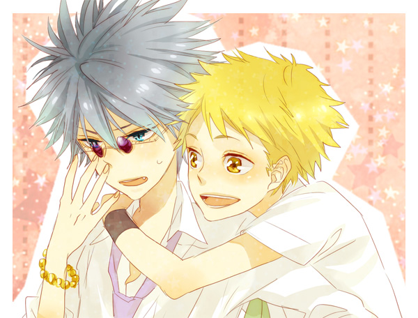 2boys amano_ginji black_hair blonde_hair blue_eyes blush couple fang getbackers glasses hug jewelry male_focus midou_ban multiple_boys short_hair sunglasses sweatdrop yaoi yellow_eyes