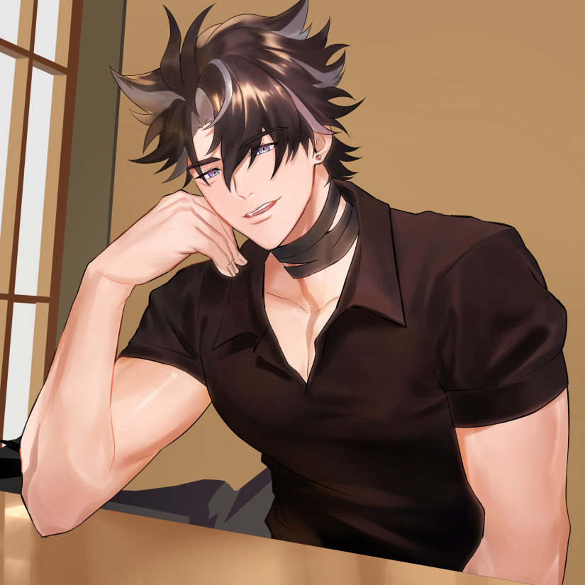 1boy bandaged_neck bandages black_bandages black_hair black_shirt earrings fangs genshin_impact grey_eyes grey_hair hair_between_eyes jewelry male_focus multicolored_hair open_mouth shirt short_hair smile streaked_hair wriothesley_(genshin_impact) zhineart