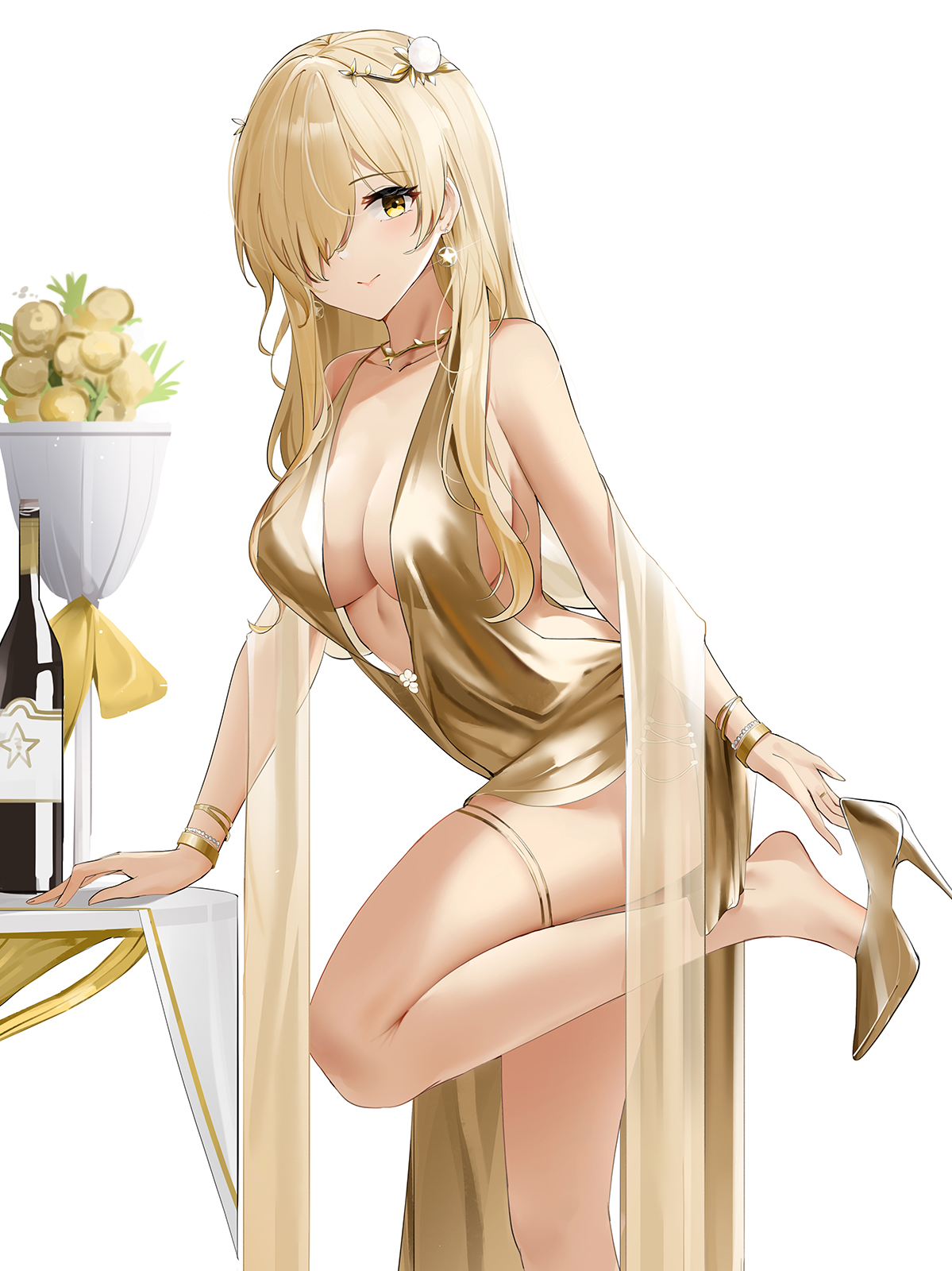 1girl arm_support azur_lane backless_outfit bare_shoulders blonde_hair bottle bracelet breasts center_opening closed_mouth dress earrings evening_gown glint gold_dress gold_footwear hair_over_one_eye high_heels highres jewelry large_breasts leg_up looking_at_viewer necklace nevada_(a_magnificent_banquet)_(azur_lane) nevada_(azur_lane) official_alternate_costume one_eye_covered pelvic_curtain plant potted_plant qing_wu removing_shoes revealing_clothes see-through_clothes sideboob simple_background sleeveless sleeveless_dress solo standing standing_on_one_leg star_(symbol) star_earrings table thigh_strap thighs white_background wine_bottle yellow_eyes