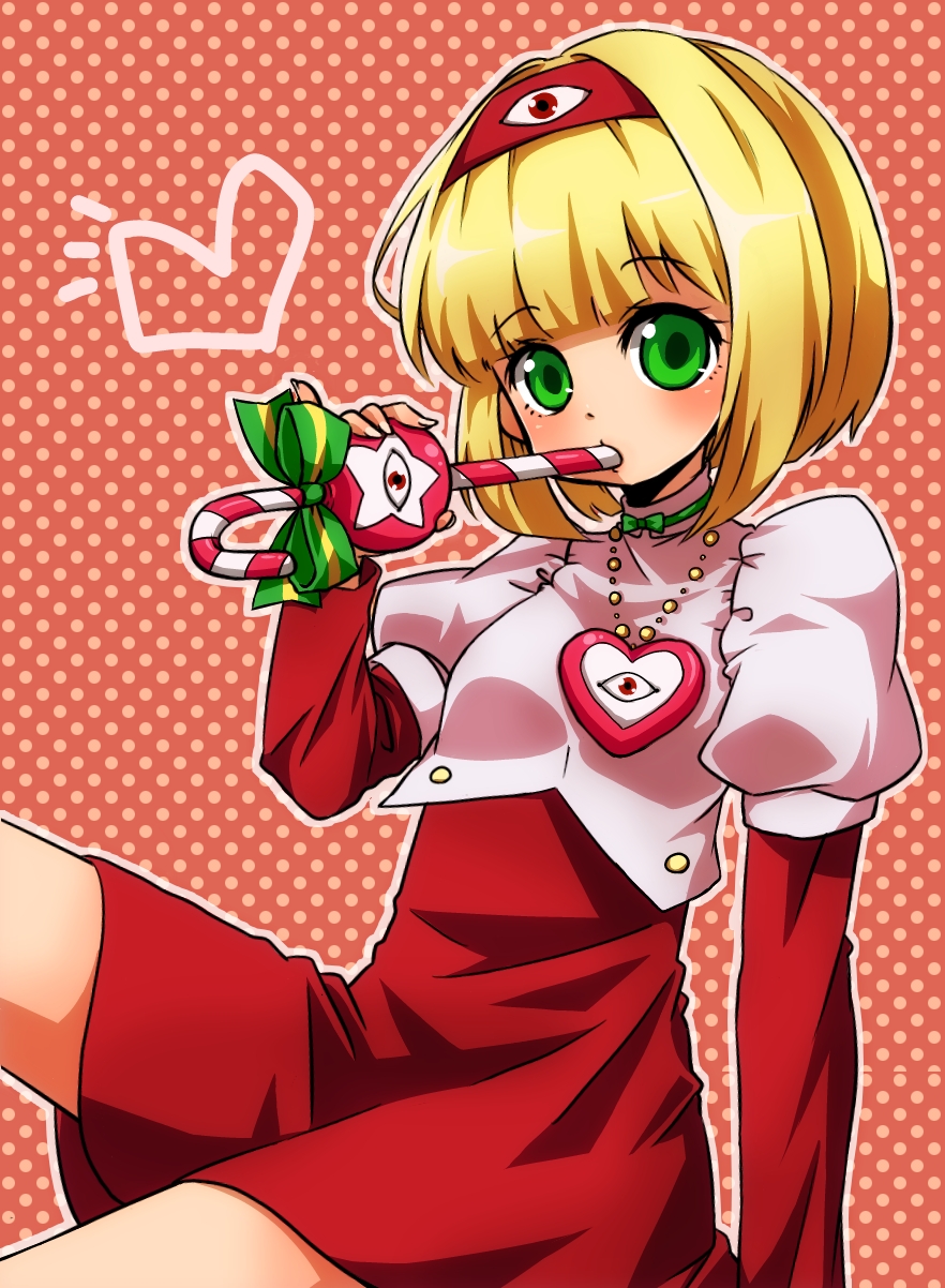 00s 1girl bad_id bad_pixiv_id blonde_hair candy candy_cane dai_mahou_touge dress female_focus food green_eyes hairband heart highres holding holding_candy holding_candy_cane holding_food jewelry necklace polka_dot polka_dot_background short_hair sitting solo star_(symbol) tanaka_punie umeko_(konyan219)