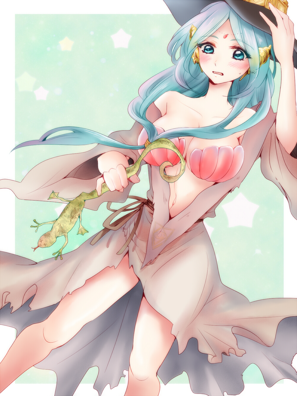 1girl aqua_hair artist_request bare_shoulders bikini blue_eyes blue_hair breasts cleavage female_focus front_ponytail hat highres jewelry large_breasts long_hair magi_the_labyrinth_of_magic navel shell shell_bikini solo torn_clothes witch_hat yamuraiha