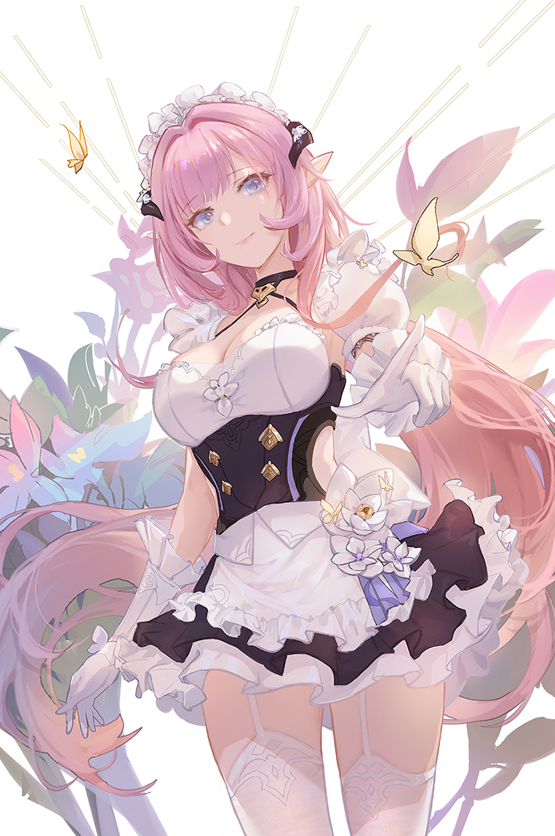 1girl alternate_costume breasts bug butterfly cleavage closed_mouth dress_flower elbow_gloves elysia_(honkai_impact) elysia_(miss_pink)_(honkai_impact) elysia_(miss_pink_elf)_(honkai_impact) enmaided flower garter_straps gloves grills highres honkai_(series) honkai_impact_3rd insect large_breasts long_hair looking_at_viewer maid maid_headdress pink_hair pointy_ears smile solo taichi_(yirkorn) thighhighs white_gloves white_thighhighs