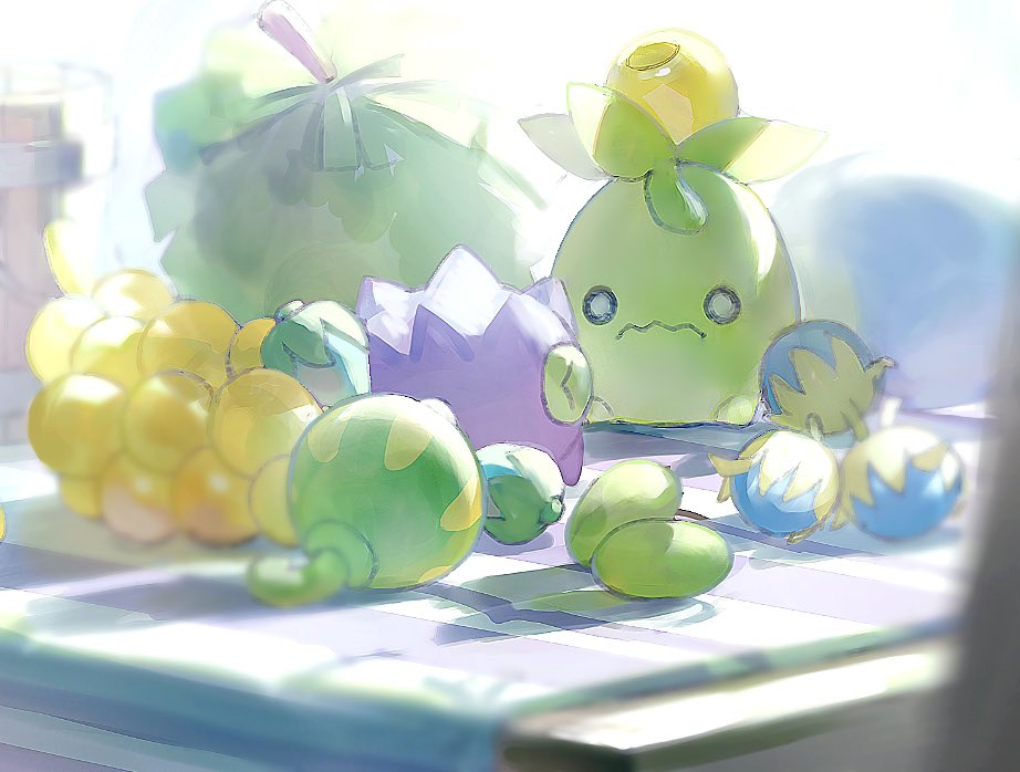berry_(pokemon) black_eyes blurry bright_pupils closed_mouth commentary_request creatures_(company) game_freak nintendo no_humans o_o pokemon pokemon_(creature) shibano_1103 sitting smoliv solo wavy_mouth white_pupils