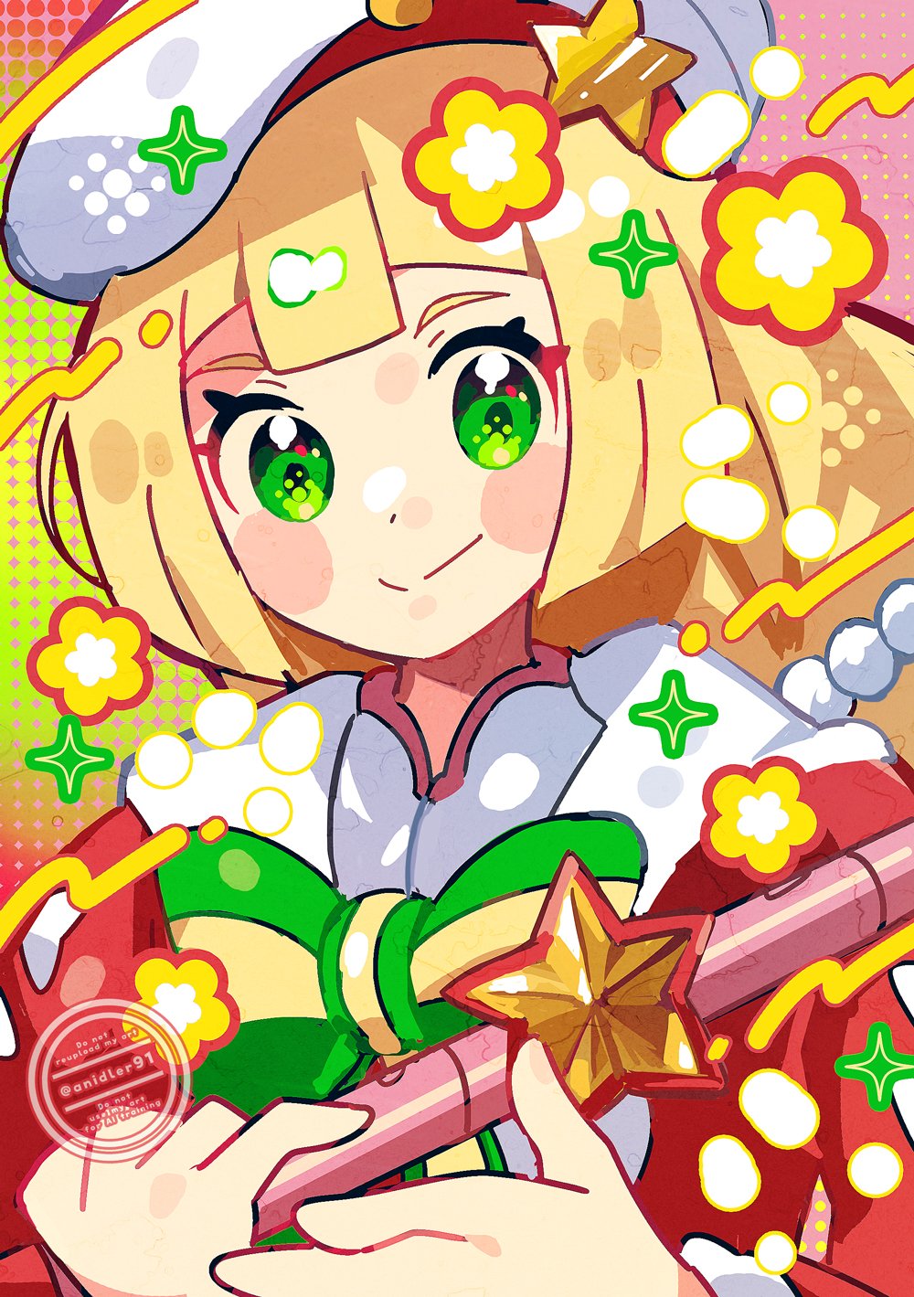 1girl anidler91 blonde_hair closed_mouth flute green_eyes hat highres holding holding_flute holding_instrument instrument lillie_(holiday_2024)_(pokemon) lillie_(pokemon) long_hair long_sleeves nintendo official_alternate_costume pokemon pokemon_masters_ex recorder smile solo upper_body white_hat