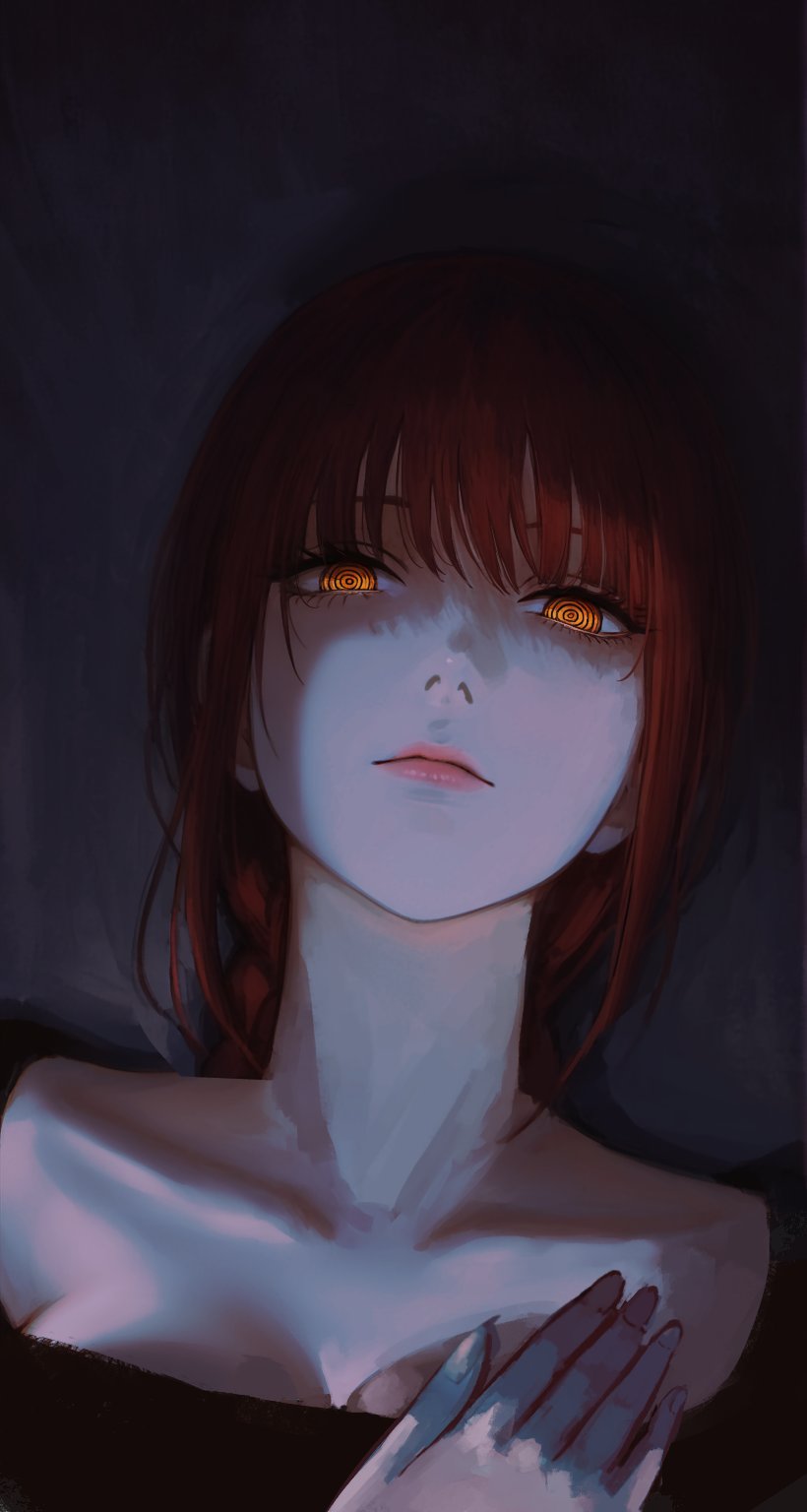 1girl black_shirt braid braided_ponytail breasts chainsaw_man cleavage closed_mouth collarbone commentary hand_on_own_chest highres long_hair looking_at_viewer makima_(chainsaw_man) mymzi portrait red_hair ringed_eyes shaded_face shadow shirt sidelocks solo yellow_eyes