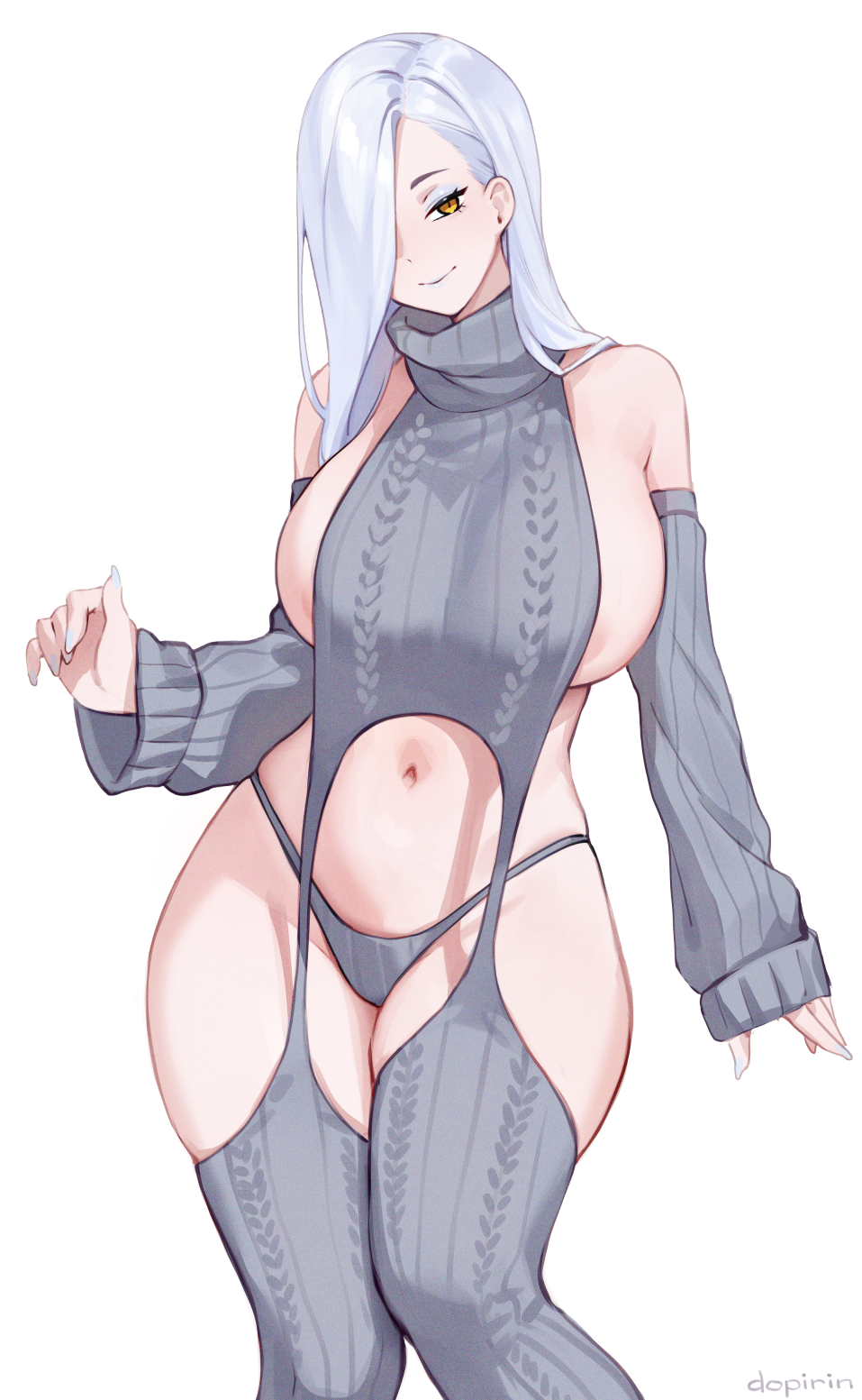 1girl alternate_costume areola_slip blue_lips breasts detached_sleeves dopirin earrings fate/grand_order fate_(series) grey_panties grey_sweater grey_thighhighs hair_over_one_eye highres jewelry lipstick long_hair makeup mrs._snake_(fate) navel panties sideboob simple_background slit_pupils smile stomach sweater thighhighs thighs underwear virgin_destroyer_sweater white_background white_hair yellow_eyes