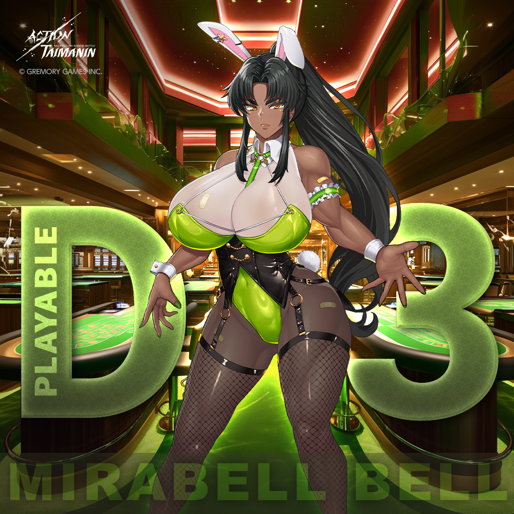1girl action_taimanin alternate_costume breasts curvy dark-skinned_female dark_skin high_ponytail huge_breasts leotard lilith-soft long_hair mirabell_bell obui official_art pantyhose playboy_bunny ponytail revealing_clothes shiny_clothes shiny_skin taimanin_(series) taimanin_asagi_kessen_arena wide_hips