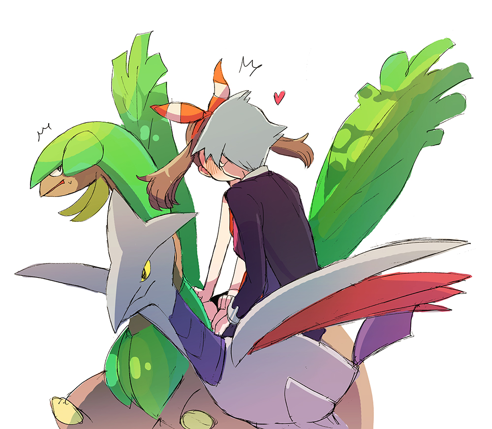 1boy 1girl bad_id bad_pixiv_id black_jacket black_shorts blush bow brown_hair floating_hair gen_2_pokemon gen_3_pokemon hair_bow hairband heart hetero jacket kiss long_hair long_sleeves may_(pokemon) nintendo pokemon pokemon_(creature) pokemon_oras popcorn_91 red_hairband riding riding_pokemon short_shorts shorts silver_hair simple_background skarmory sketch steven_stone striped_bow tropius white_background