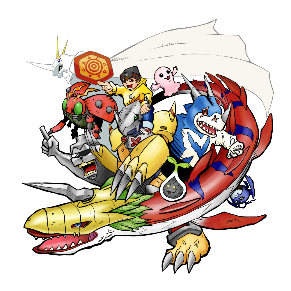 digimon dragon leaf mameo_(digimon) megaseadramon mochimon monkey nyokimon omegamon picodevimon simple_background sunglasses tentomon v-mon wargreymon white_background