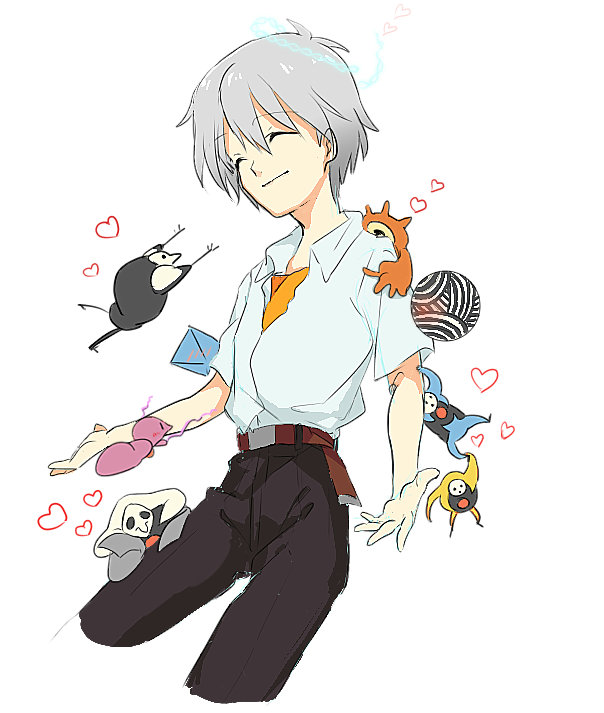 1boy angel_(evangelion) armisael_(evangelion) blush closed_eyes cropped_legs heart israfel_(evangelion) leliel_(evangelion) nagisa_kaworu neon_genesis_evangelion ramiel_(evangelion) sachiel_(evangelion) sahaquiel_(evangelion) school_uniform shamshel_(evangelion) short_hair simple_background smile white_background white_hair zeruel_(evangelion)