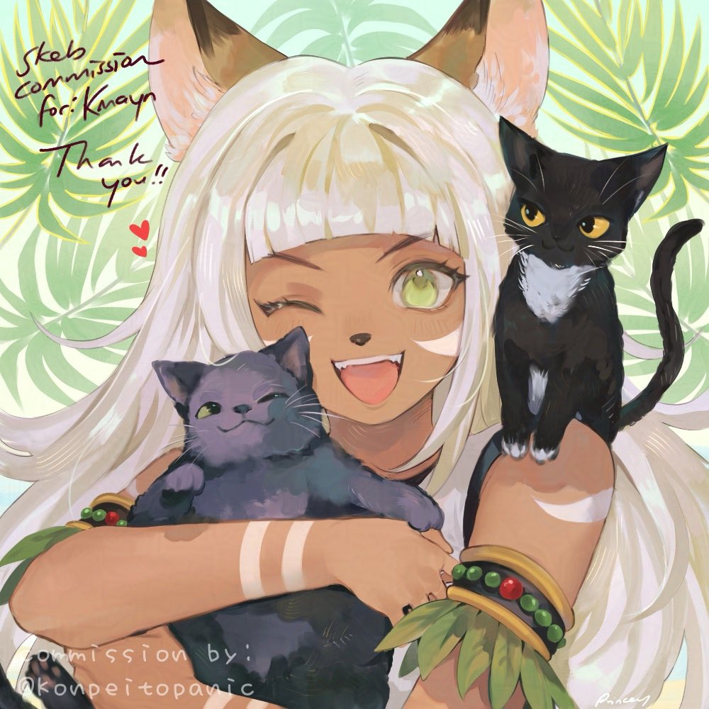 animal animal_ear_fluff animal_ears animal_on_shoulder arched_bangs aubz black_cat black_fur cat cat_girl cat_on_shoulder commentary commission dark-skinned_female dark_skin english_commentary eyelashes green_eyes heart long_hair looking_at_viewer ochette_(octopath_traveler) octopath_traveler octopath_traveler_ii one_eye_closed skeb_commission tail thank_you whiskers white_hair yellow_eyes