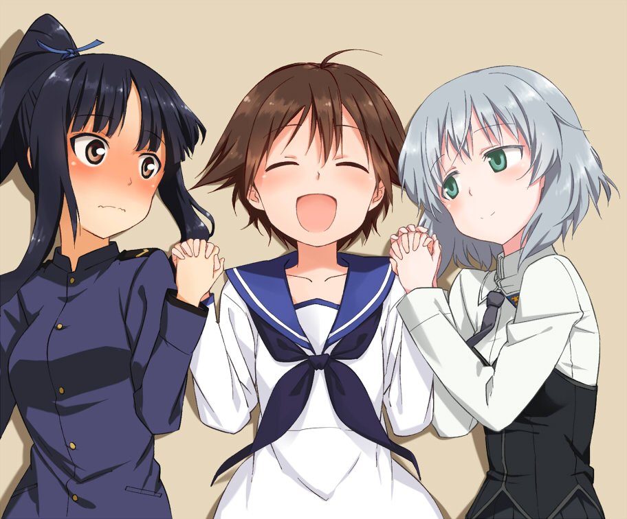 3girls :d ahoge black_hair black_neckwear blue_jacket blue_sailor_collar blush bob_cut brown_background brown_eyes closed_eyes frown girl_sandwich green_eyes grey_hair hair_flaps hair_ribbon half-closed_eyes hattori_shizuka holding_hands interlocked_fingers jacket long_hair looking_at_another medium_hair military military_uniform miyafuji_yoshika multiple_girls neckerchief necktie open_mouth ponytail ribbon sailor_collar sandwiched sanya_v._litvyak shikou_sakugo_(qqap9gt9k) shirt short_hair smile strike_witches white_shirt world_witches_series yuri