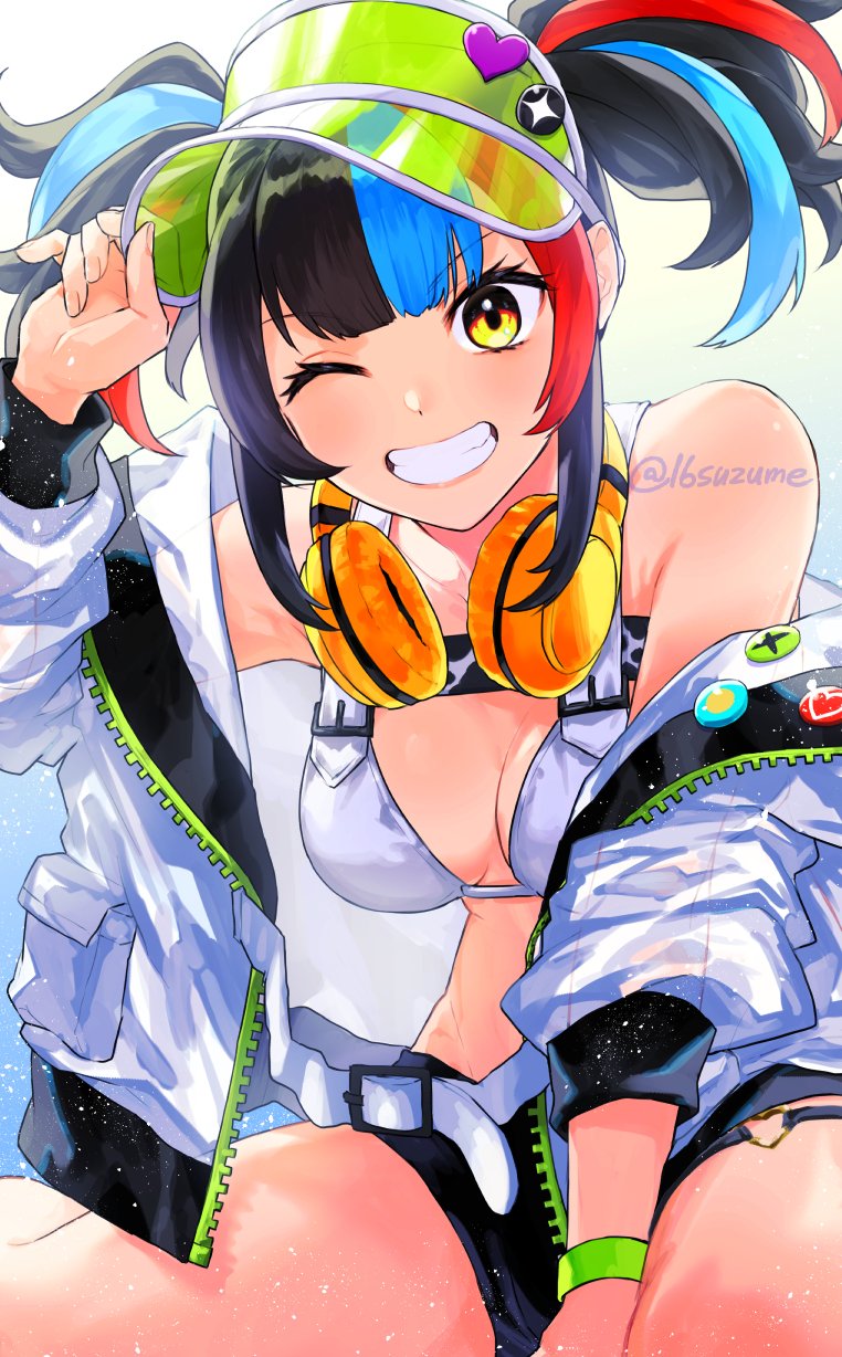 1girl badge bare_shoulders bikini black_hair black_shorts blue_hair blush breasts button_badge cleavage fate/grand_order fate_(series) green_hat grin hat headphones headphones_around_neck highres jacket large_breasts long_hair long_sleeves looking_at_viewer multicolored_hair off_shoulder one_eye_closed open_clothes open_jacket red_hair sei_shounagon_(fate) sei_shounagon_(swimsuit_berserker)_(fate) sei_shounagon_(swimsuit_berserker)_(first_ascension)_(fate) short_shorts shorts sidelocks smile solo somemiya_suzume swimsuit thighs twintails visor_cap white_bikini white_jacket yellow_eyes